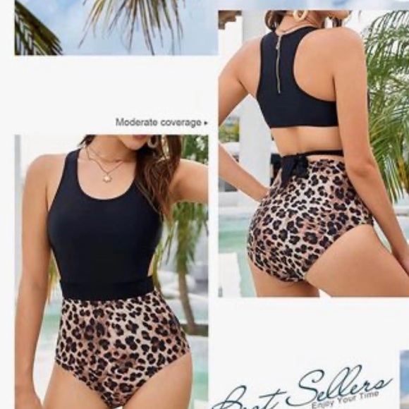 LEOPARD Print High Waisted Cutout Racerback Zip Up Swimwear - L - Picture 2 of 13